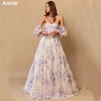 Annie Sweetheart Pink Prom Dresses Organza Puff Sleeve Floral Evening Dresses Princess Sexy Strapless A-line Prom Dress