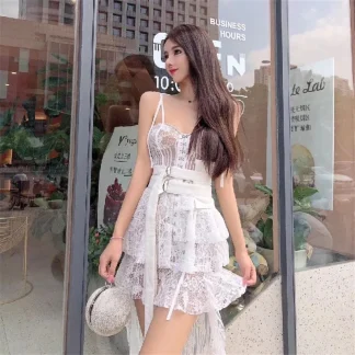 New Women Summer Lace Dress Female Spaghetti Strap Irregular See Through Mini Dress Lady Club White Patchwork Runway Sexy Dress