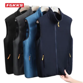 FGKKS New Autumn Men Casual Vest Jacket Solid Color Stand Collar Polar Fleece Vest Fishing Hiking Couple Warm Vest Coat Male