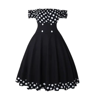 Polka Dot Print Button A Line Pin Up Dress Women Summer Off Shoulder Vintage Rockabilly Skater Party Dresses Sexy Robe Vestidos