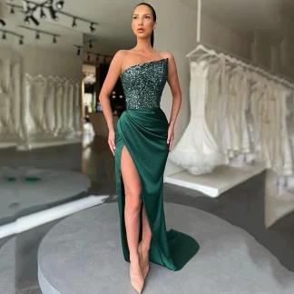 Satin Royal Green Sleeveless Evening Dresses Sequins 2025 Sexy High Split Prom Dress Floor Length Mermaid Night Party Customized