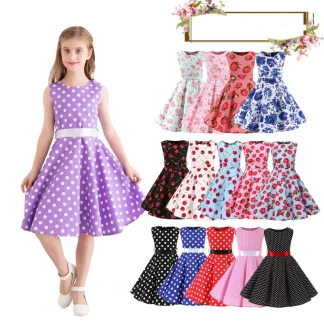 Polka Dot Vintage Kids 1950s Swing Dress Flower Floral Midi Dress Cotton Summer Dress Baby Girl