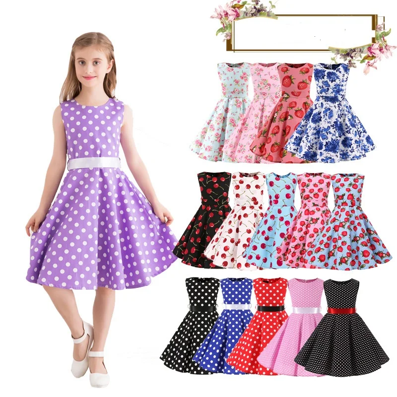 Polka Dot Vintage Kids 1950s Swing Dress Flower Floral Midi Dress Cotton Summer Dress Baby Girl