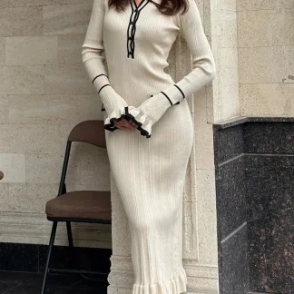 Elegant Knitted Mini Dress for Women High Waist Ruffled Rib Long Sleeve Autumn Winter Banquet Dress for Ladies