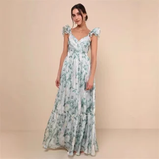 Women Sexy Floral Print Mini Dress Deep V Neck U Backless Spaghetti Strap Ruffle Hem Slim Fit Fashion 2025 New Arrival