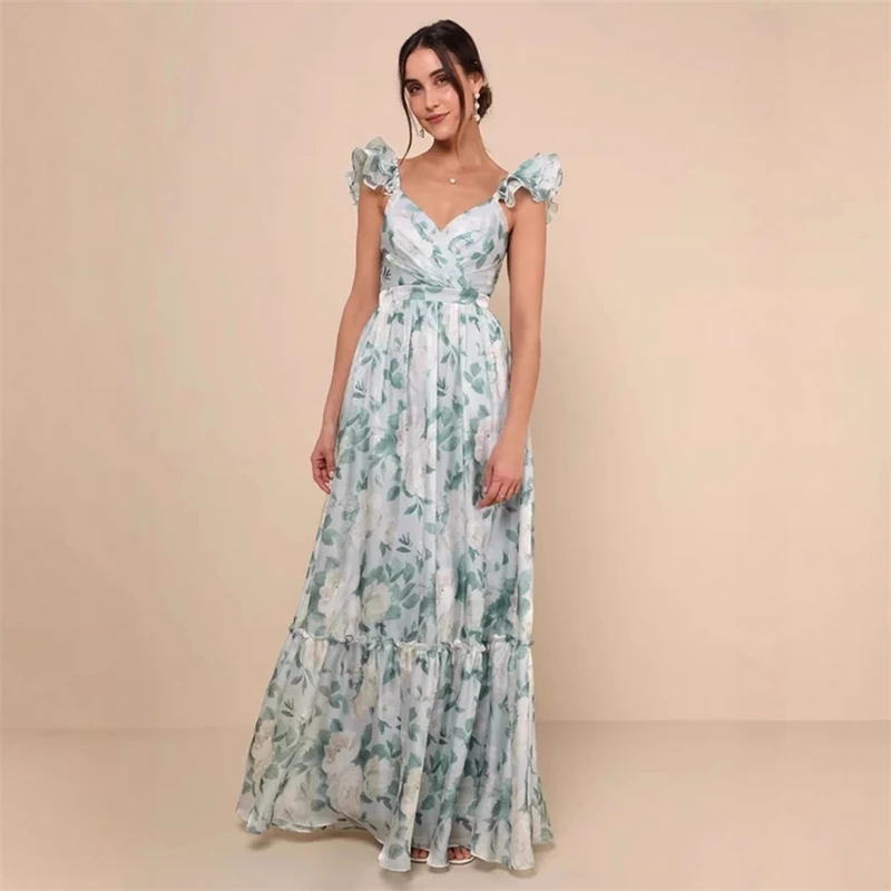 Women Sexy Floral Print Mini Dress Deep V Neck U Backless Spaghetti Strap Ruffle Hem Slim Fit Fashion 2025 New Arrival