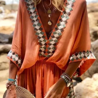 Bohemian Style Jumpsuits Women Sexy V-neck Dolman Sleeved Printed Casual Jumpsuit Shorts Spring Summer New Beach Vacation Femme