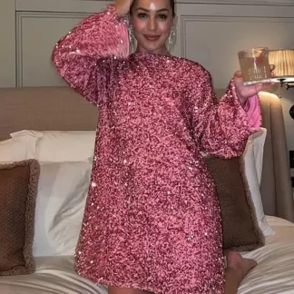 Autumn and winter new women's round neck long sleeve loose large size sexy sequin short dress