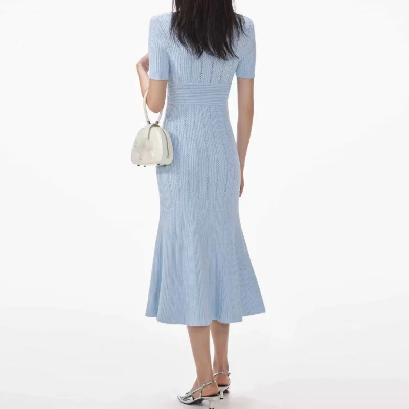 2025 Women Temperament Red Slim Knitt Fishtail Dress French High-Quality V-Neck Short-Sleeve Solid Pit Stripe Robe Evening Dress - Image 4