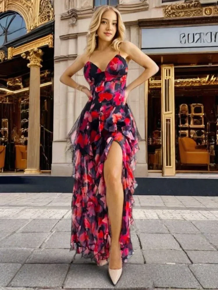 Pink Floral Print Spaghetti Strap Ruffled Hem Maxi Dress Women V-neck Robe 2025 New Summer Party Leisure Event Lady Vestidos - Image 5