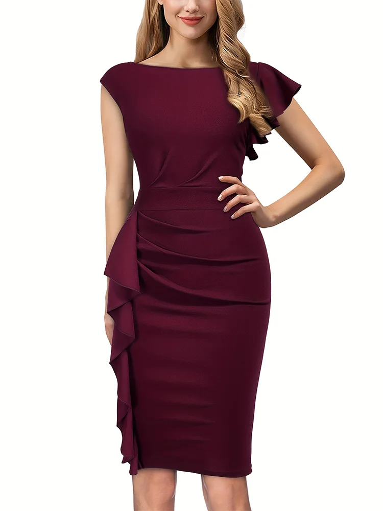 Solid Ruffle Trim Dress, Elegant Bodycon Sleeveless Pencil Dress For Party & Banquet, Women's Clothing