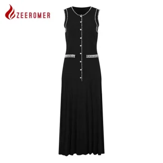 2025 New High Quality Fashion Women's O-Neck Pearl Single-Breasted Sleeveless Tank Knitted Dress Elegant Pleated Maxi-Long Dress