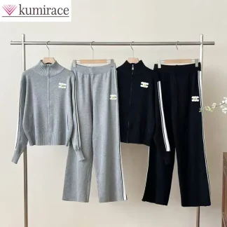 2024 new slim fit knitted two-piece sports style zipper top and wide leg pants multifunctional high-end set new repair