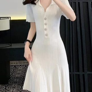 New in Summer Women's Clothing Polo Collar Short-sleeved Ice Silk Knitted Dress White Small Fresh Thin A-shaped Skirt