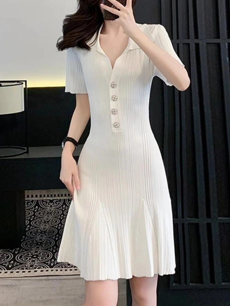 New in Summer Women's Clothing Polo Collar Short-sleeved Ice Silk Knitted Dress White Small Fresh Thin A-shaped Skirt