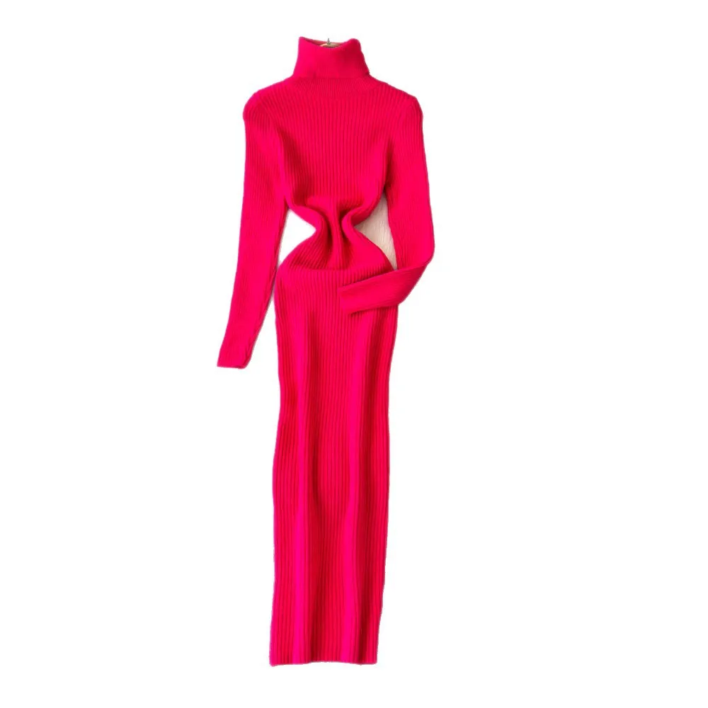 Slimming High Neck Knitted Wrap Dress Long Sleeve Autumn Winter Fashion Street Style Polyester Fiber High Elasticity Elegant... - Image 3