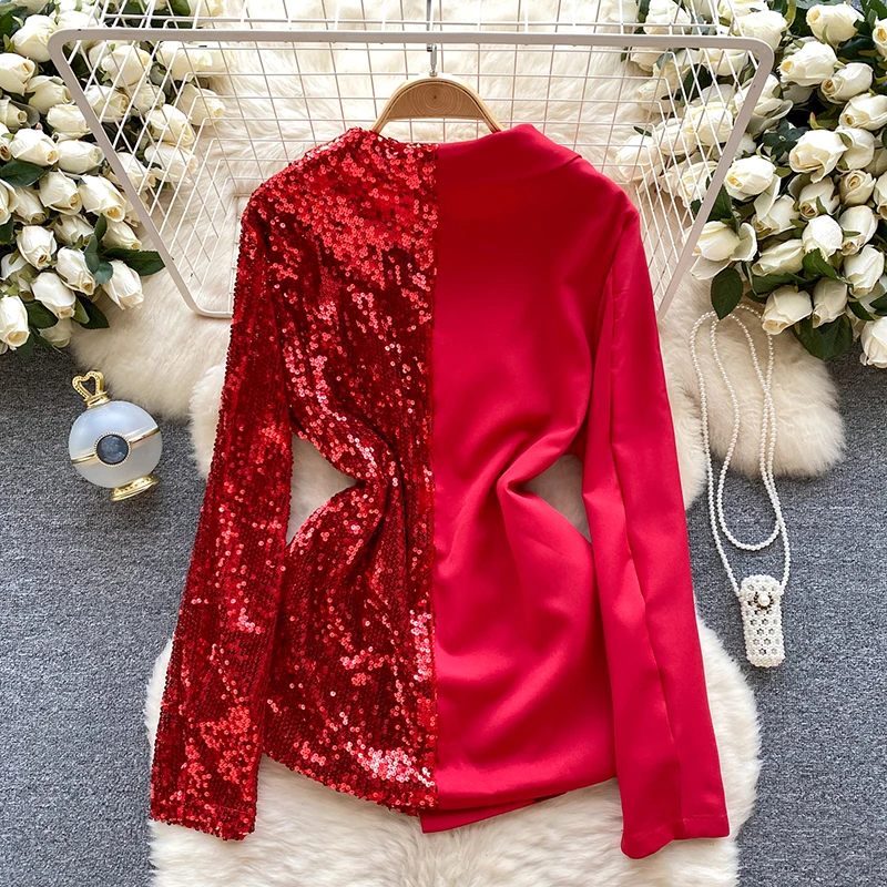 ITOOLIN Fashion Temperament Slim Fit Top Sexy Sequin Patchwork Long Sleeved V-neck Double Breasted Blazer Streetwear - Image 4