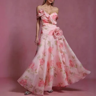 Elegant Off Shoulder Bohemian Gowns Dress 2025 Fashion Flower Decoration Waist A-Line Dress Women Sexy Pleat Holiday Long Dress