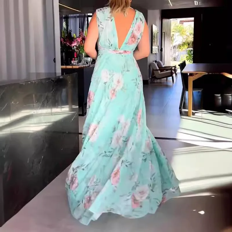 Spring Summer New Women's Clothing V-neck Sleeveless Printed Backless Large Swing Dress Hihg Waist Loose Dress - Image 3