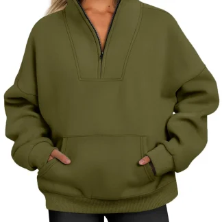 2024 autumn/winter stand up collar solid color hoodie pocket zipper women's casual loose fleece threaded top