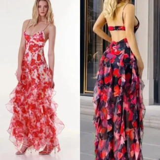 Elegant Chiffon Floral Print Cami Dress With Ruffled Hem Sexy V Neck Backless Cami Dress Summer Fashion Women's Vacation Dress