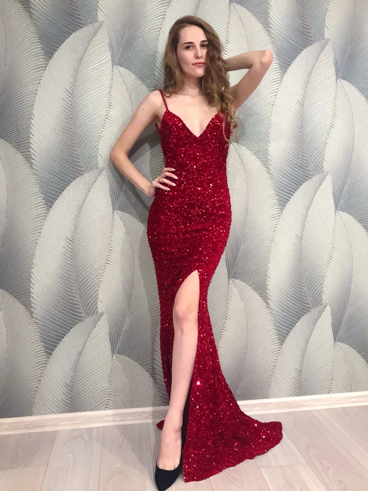 Sexy V Neck Backless Sequined Maxi Dress Stretch Split Sleeveless Open Back Evening Night Party Dress - Image 2