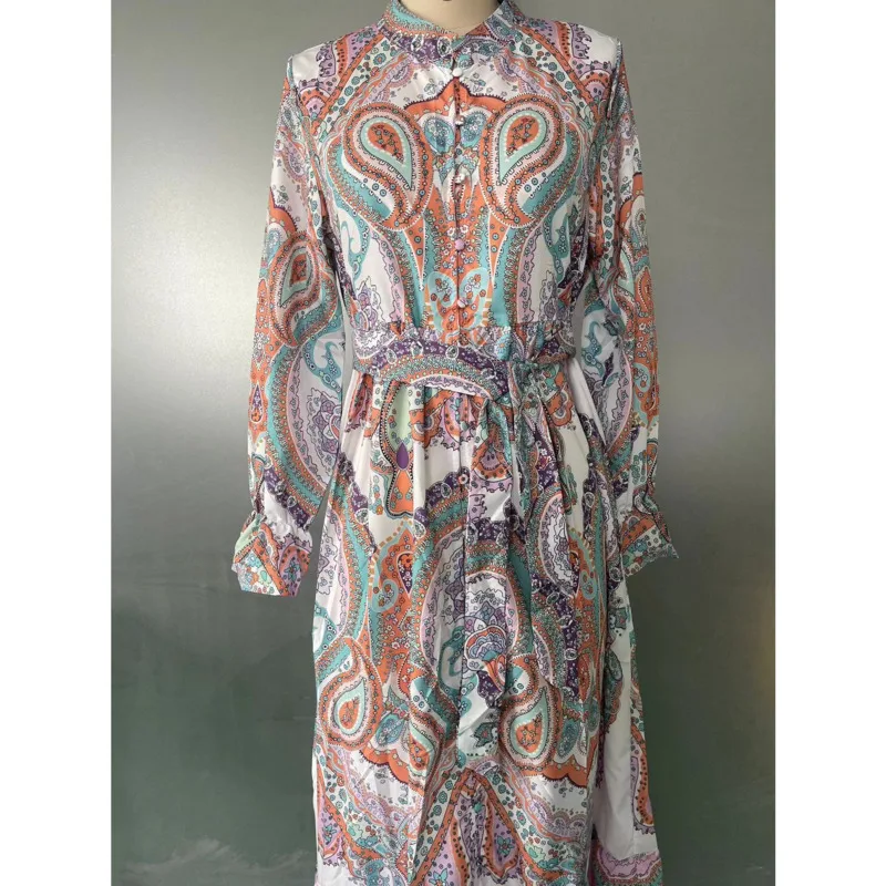 Fashion Vintage Single Breast Stand Collar Print Dress High Waist Lantern Sleeve Loose Vestidos Spring Lady Cuasal Vocation Robe - Image 3