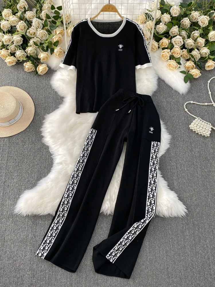 Korean style sports suit female summer short sleeved round neck T-shirt loose and slimming printed wide leg pants 2piece set - Image 2