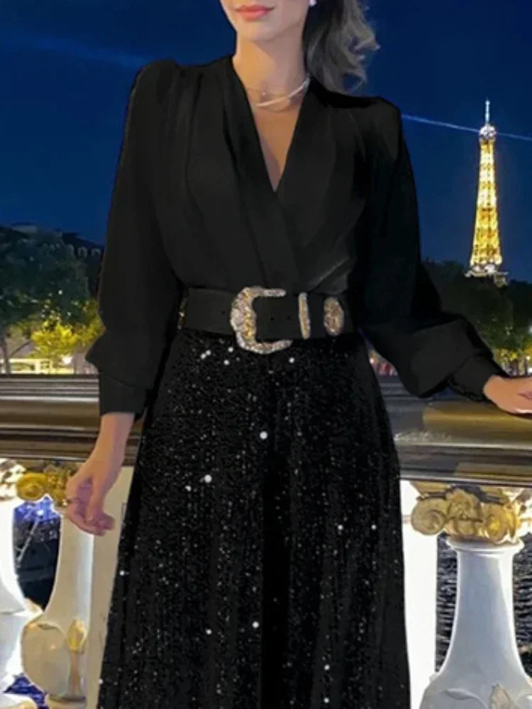 BWQ Splice Sequins Maxi Dresses For Women Fashion Folds Loose V Neck Elegant Dress Femme Party Evening Dresses Luxury - Image 5