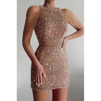 2025 Summer New Sexy Hanging Neck Women Dress Fashion Crystal Tassel Female Butt Embracing Sequin Mid Waist Evening Dresses