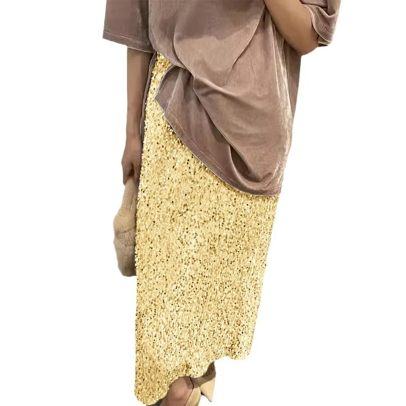 Women's fashionable high waist slimming sequin skirt with elastic waistband and back stretch straight tube long skirt for women - Image 5