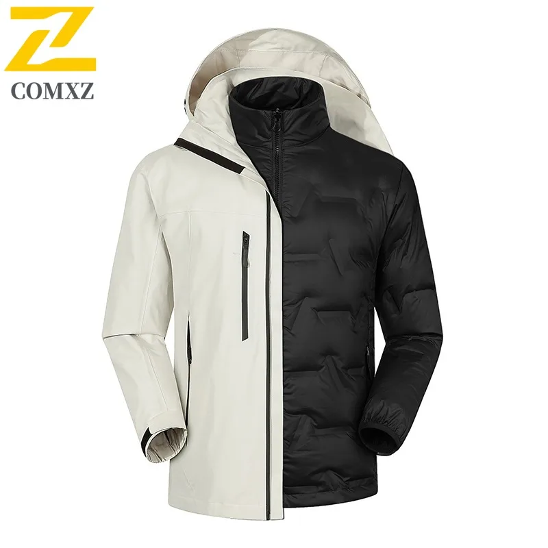 COMXZ Men Fake Two Piece Down Cotton Padded Winter American Style Thickened Jacket Hood Coat Waterproof Windproof Windbreaker - Image 2
