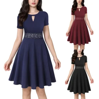 Women Dresses Vintage Casual Round Neck A-line Skirts Elegant Short Sleeve Lace Belt Tunic Solid Color Swing Dress for Office