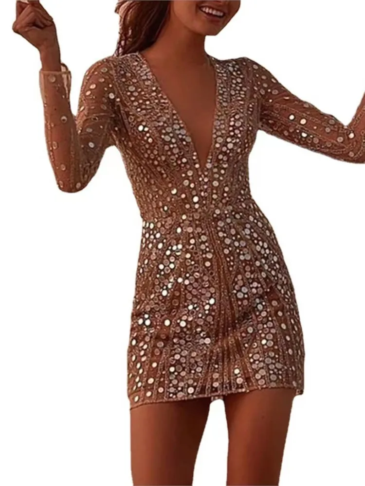 2025 Women's Deep V-neck Sequin Mini Dress Fashion Elegant Evening Dresses Temperament See Through Lace Long Sleeve Vestidos - Image 6