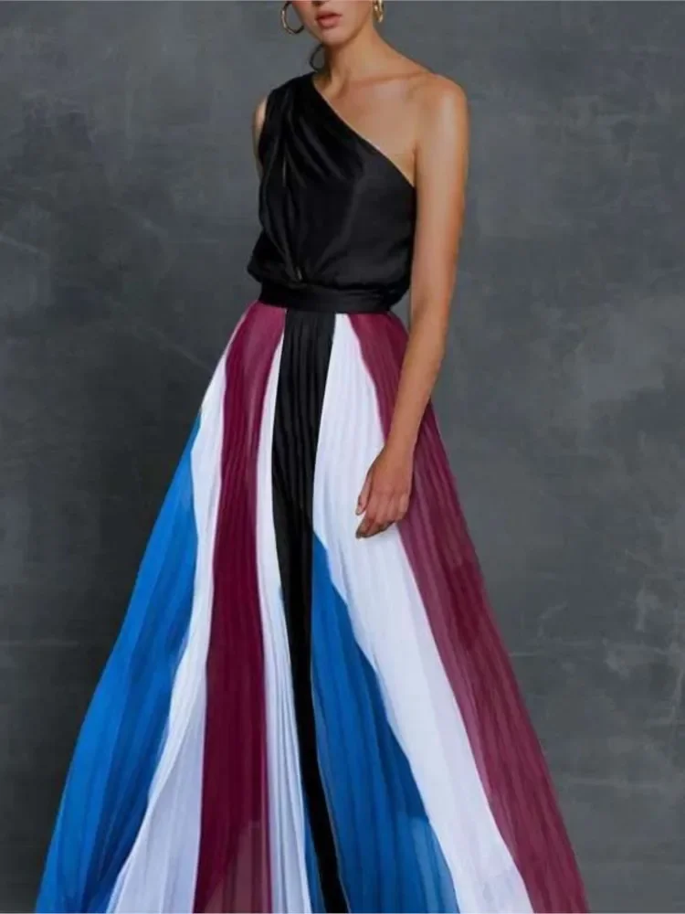 Spring Summer New One Shoulder Dresses Women Splicing Print Off Shoulder Loose Long Dress Fashion Ladies Commuting Vestidos - Image 5