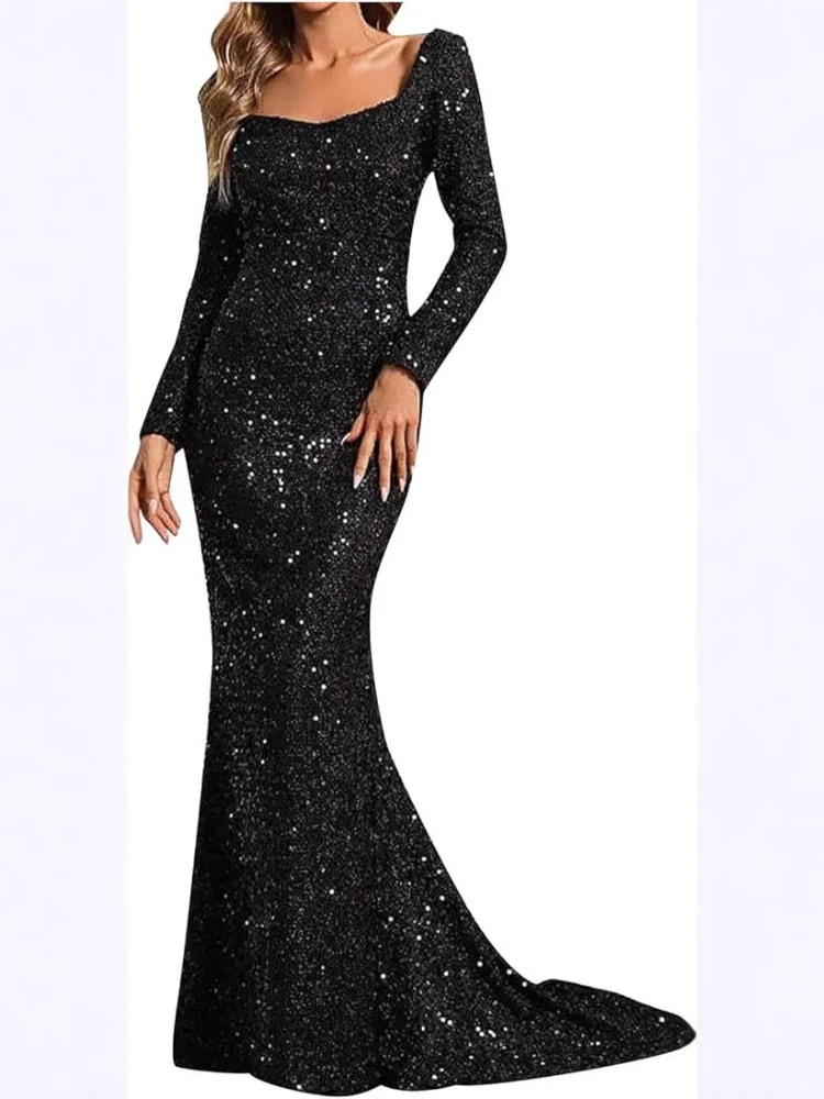 2025 New Fashion V-Neck Sequin Bodycon Dress with Mid-Waist and Flared Long Sleeves Evening Gown - Image 2