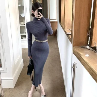 Women's Knitted High Collar Long Sleeve Slim Fit Dress Autumn Winter New Style Waist Cinched Slimming Base Layer Skirt