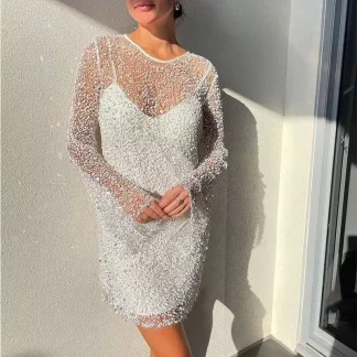 2025 Summer Sexy O-Neck Beads Sheer Mesh Dress Off-Shoulder Strap Dress Party Wedding Guest Dresss Fashion Women's Mini Drees