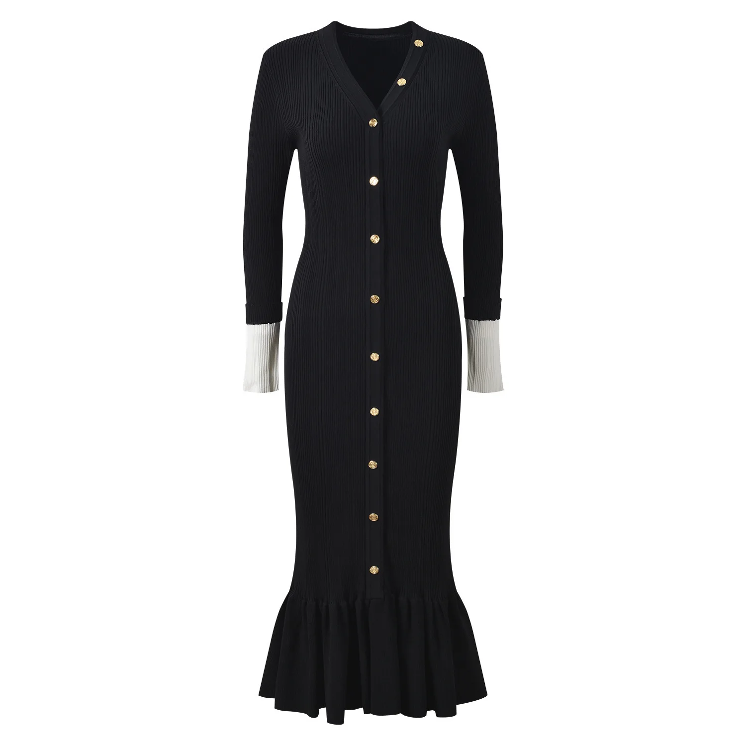 Slimming Long Sleeve V-Neck Knitted Dress Fish Tail Design High Waist Elegant Style Cross-Border Fashion Elegant Long Dress - Image 3