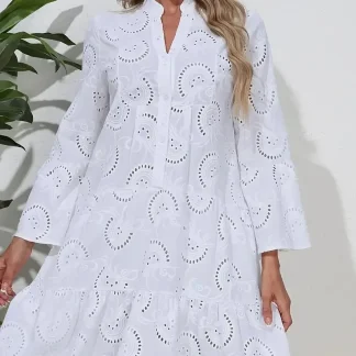 Sexy Embroidered Hollow out Lace Flower V-neck Loose Midi Dress Pure Color Cross-Border Spring Summer Women's Dress