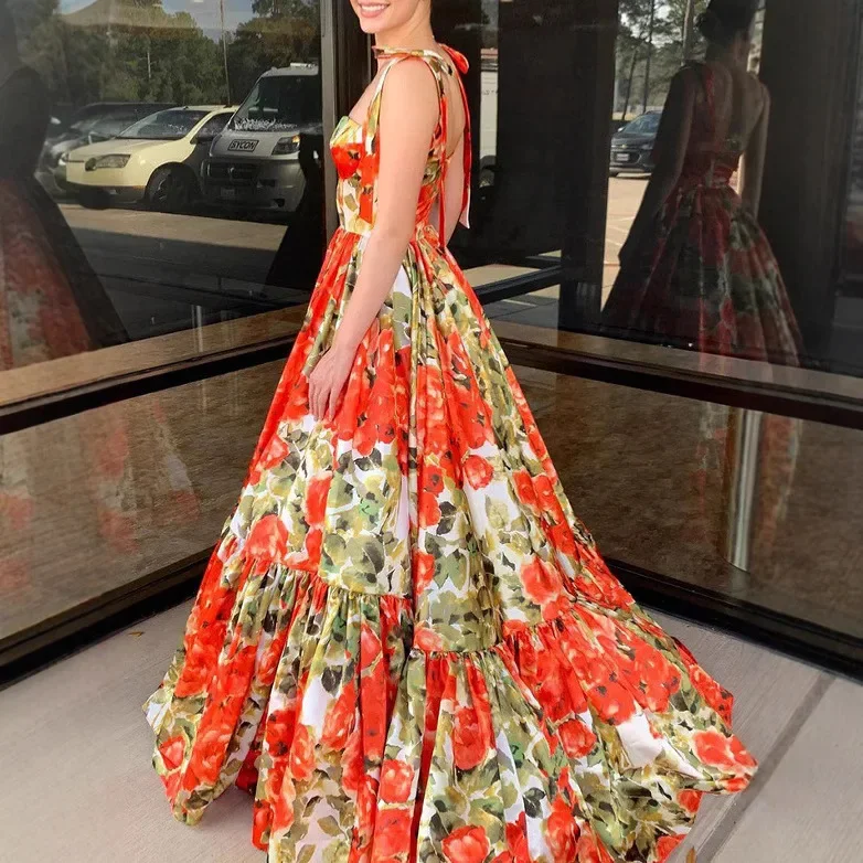 Fashionable Sea Anemone Print Halter Dress Women's French Button Large Skirt Mid-Length Midi Dress Polyester Fiber Square Collar - Image 3