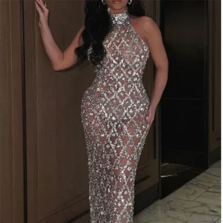 Fashion Sparkly Rhinestones Sleeveless Long Dress for Women Elegant Trend Celebrate Evening Wedding Gown Birthday Dresses