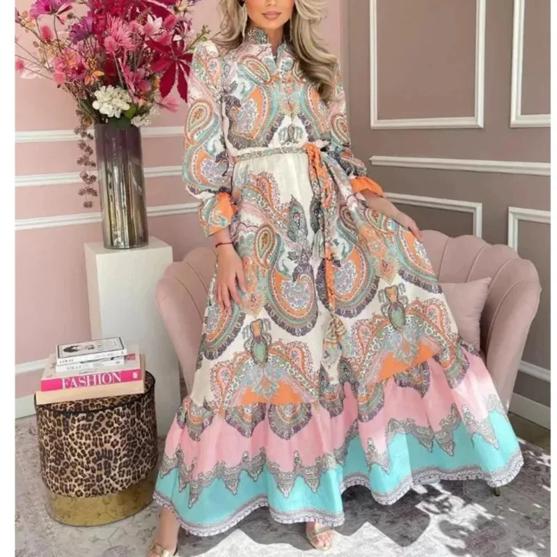 Fashion Vintage Single Breast Stand Collar Print Dress High Waist Lantern Sleeve Loose Vestidos Spring Lady Cuasal Vocation Robe