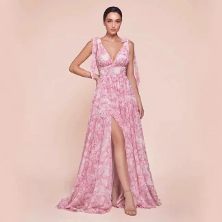 Sexy Backless Floral Print Chiffon Dress Mid-Length Umbrella Skirt V-Neck Sleeveless Mid-Waist Zipped Closure Fresh Sweet Style