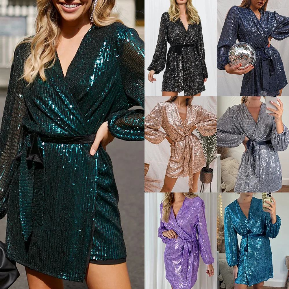 New Sequined V-neck Long-sleeved Bubble Sleeves Glitter Party Wrap Skirt Mini Sparkle Party Skirt Slim And Thin Women's Clothing - Image 3