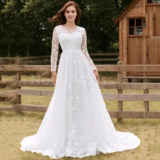 Elegant V-Neck Lace Wedding Dresses for Bride A-Line Beach Bridal Gowns with Sleeves Customized