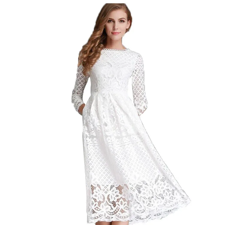 2024 European And American Autumn New Solid Color Women's Dress Round Neck Hollow Simple Lace Long Sleeve Slim Midi Dress - Image 4