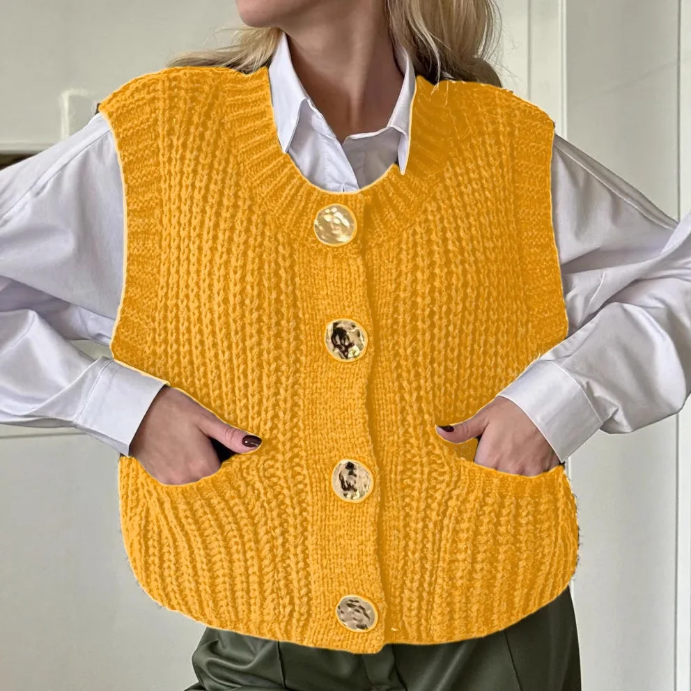 Knitted Vests Jackets Women Solid Coats Pocket Button Round Neck Sleeveless Single Breasted Loose Office Lady Casual 2025 Spring - Image 2