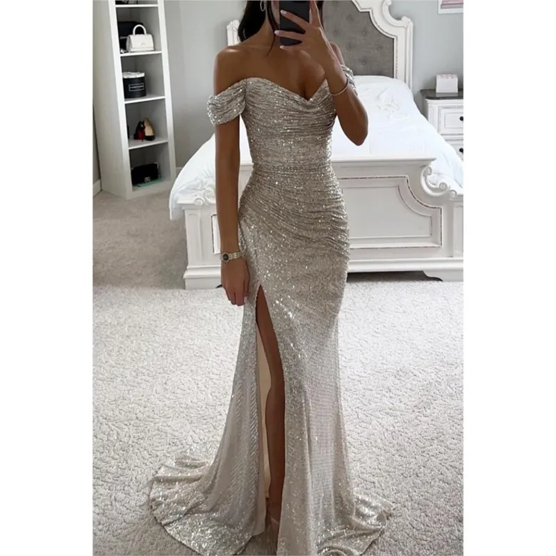 Women's Sexy Party Maxi Dress Summer New Sequined One-line Collar Slit Casual Fashion Prom Eveging Dresses For Women Robe Femme - Image 4