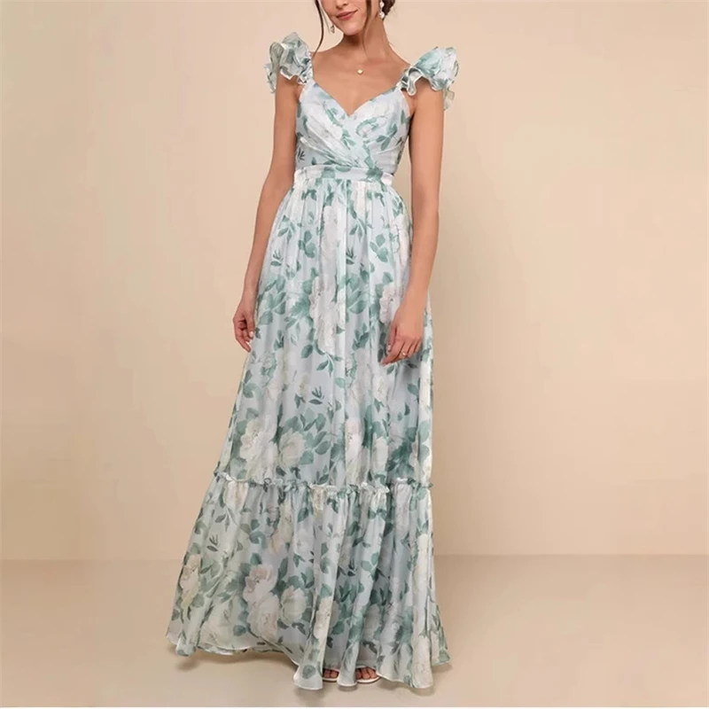 Women Sexy Floral Print Mini Dress Deep V Neck U Backless Spaghetti Strap Ruffle Hem Slim Fit Fashion 2025 New Arrival - Image 3